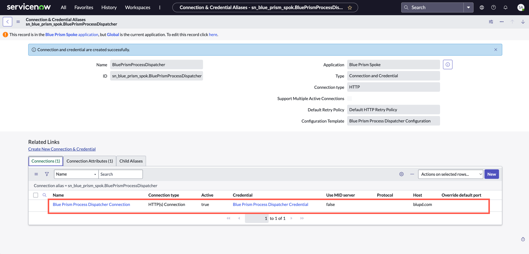 Blue Prism Process Dispatcher connection and credential record.