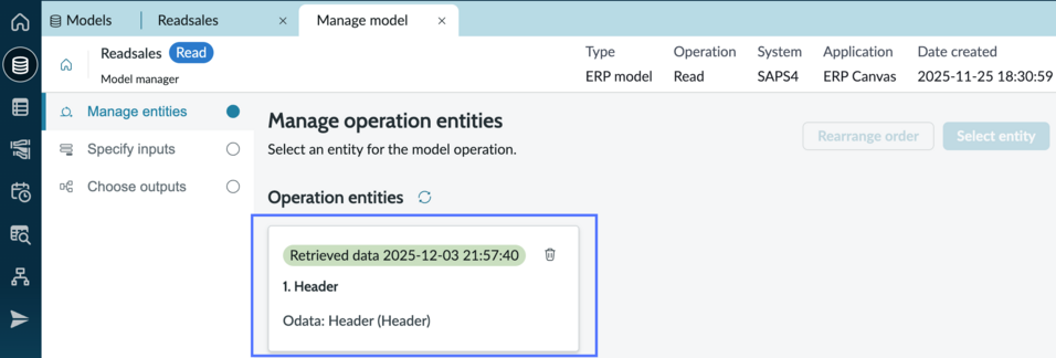 Manage model tab with entity card showing retrieval date and time.