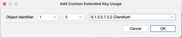 Add Custom Extended Key Usage dialog box with Client Auth value selected.