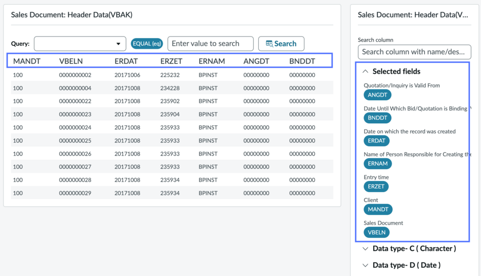List of fields associated with the specified table.