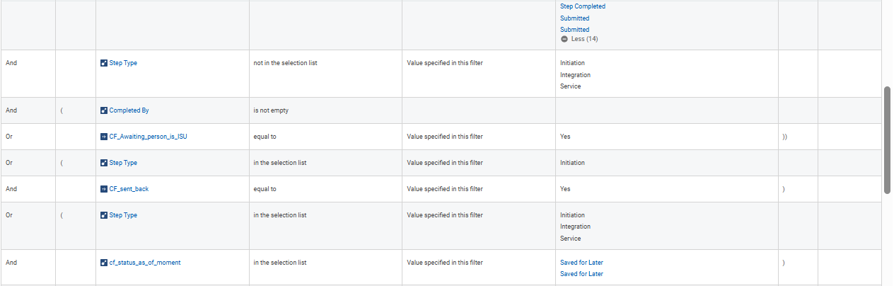 In the Filter section, select the required values.