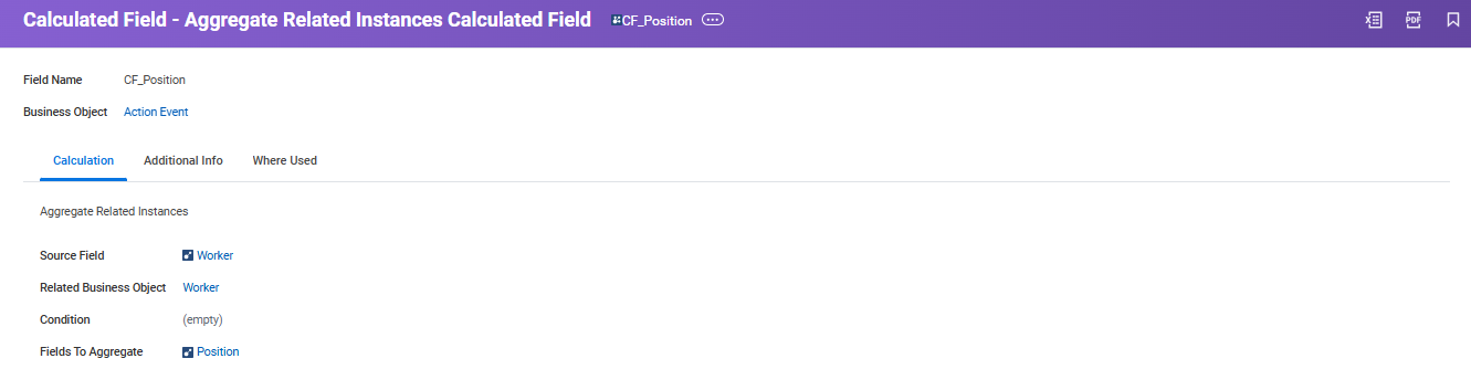 Setting up aggregate calculated field “CF_Position” for Action Event, using Worker as source and Position as aggregate field.