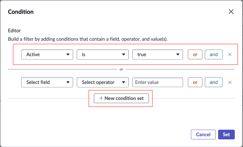 A selected filter condition to activate the UI action.