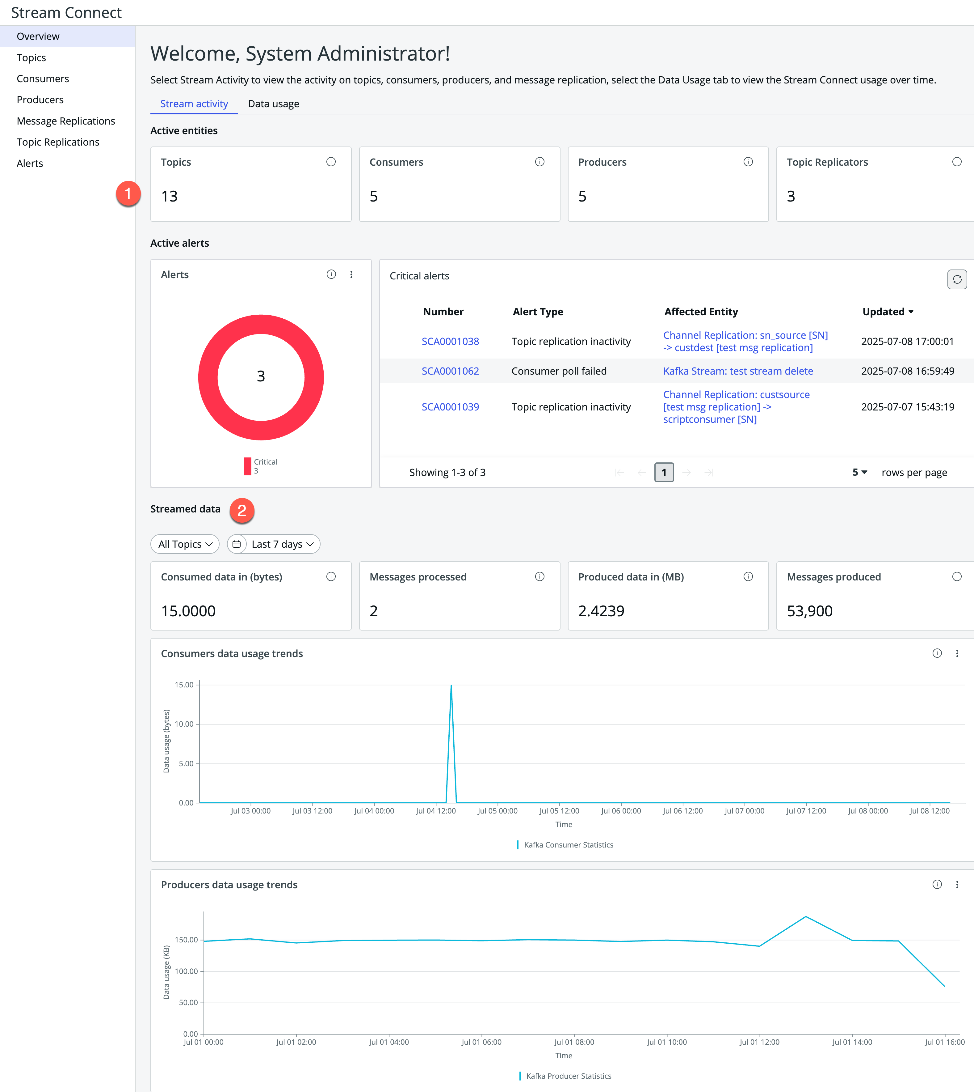 User interface for the Stream activity tab of the Stream Connect dashboard overview page.