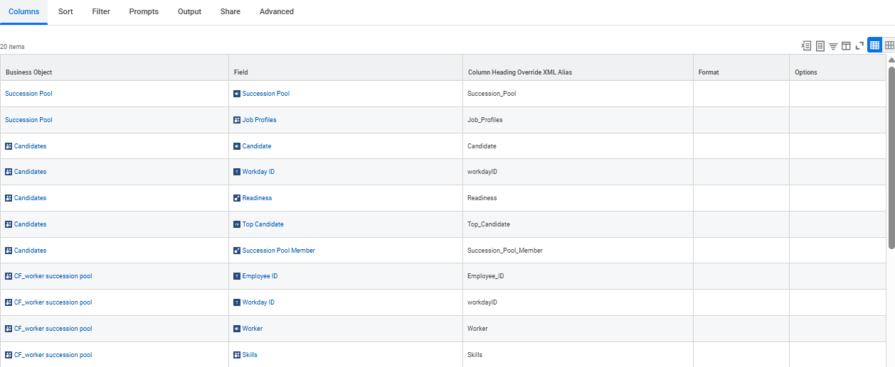 Columns tab with business objects and fields
