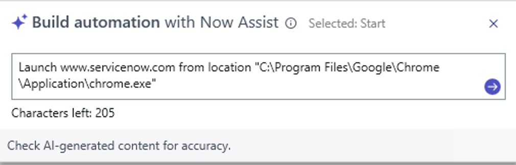 Build automation with Now Assist window that shows the instructions that are used by Now Assist to generate an automation workflow.