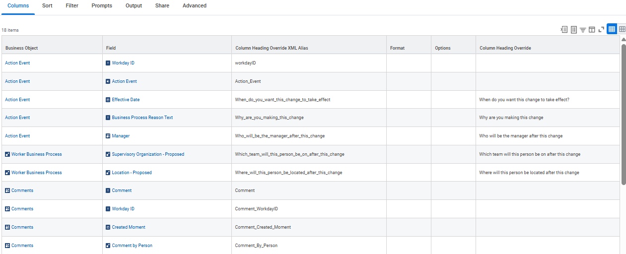 Report business object and report fields.