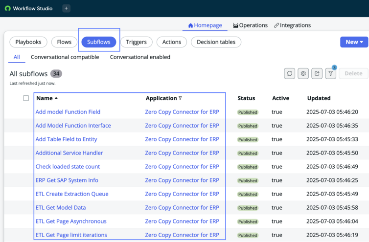 Workflow Studio subflows list showing data product process extensions.