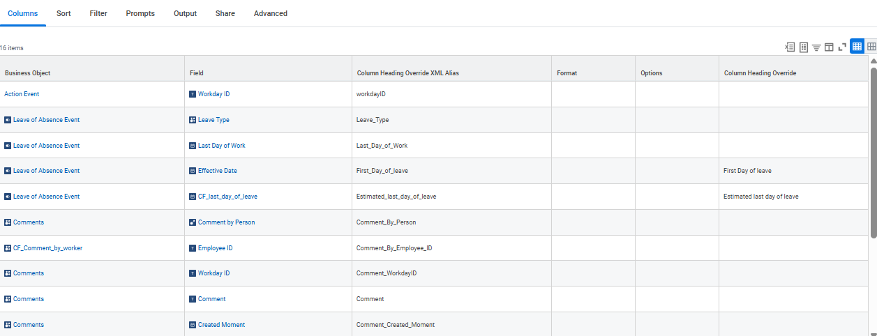 Columns tab showing selected business objects, fields, column heading overrides, and formats for leave of absence event report.