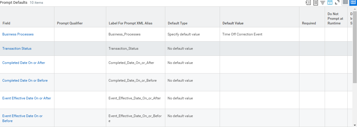 Prompt Defaults section showing Business Processes, Transaction Status, and date prompt fields with Label For Prompt XML Alias values.