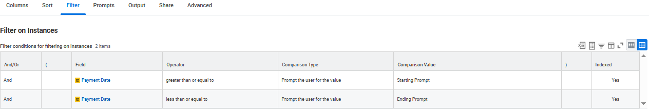 Select the required values in the Filter section.
