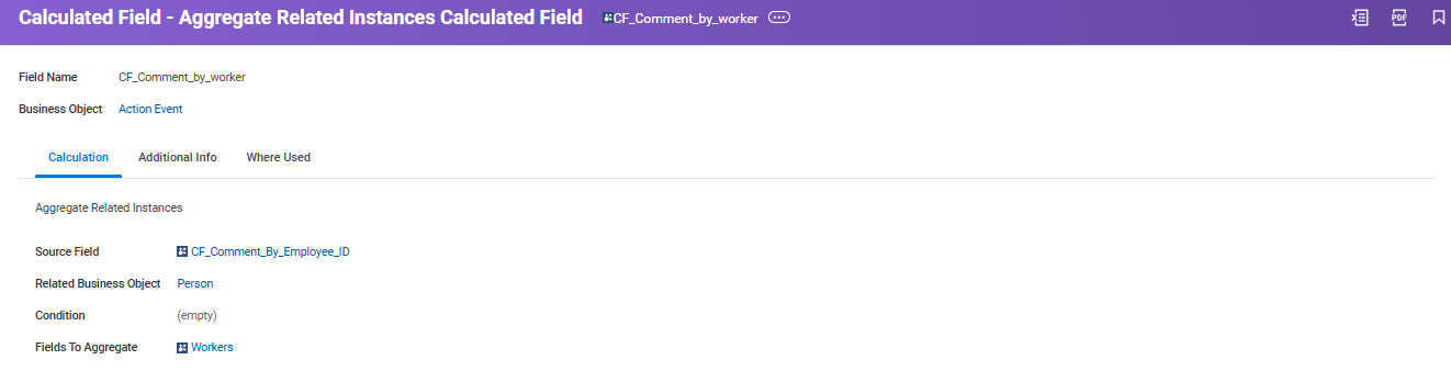 Setting up “CF_Comment_by_worker” calculated field using “CF_Comment_By_Employee_ID” as source and Workers as aggregate field.