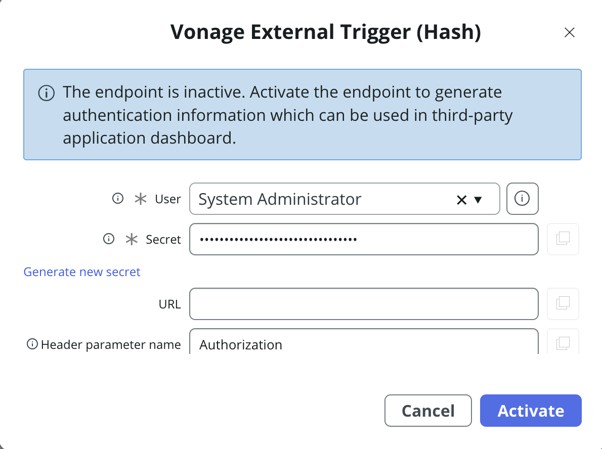 Vonage external trigger that uses hash authentication