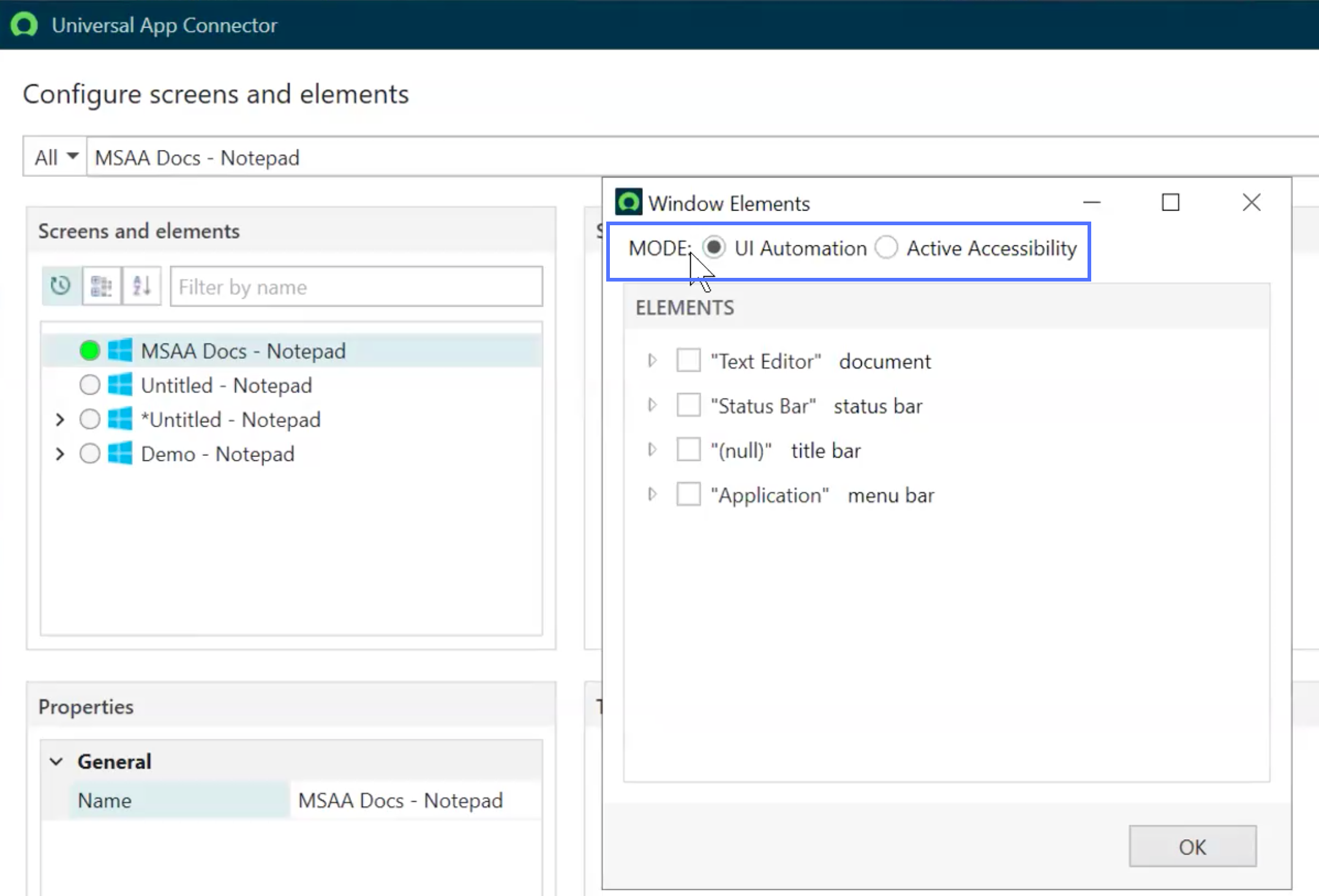 UI Automation and Active Accessibility modes appear when you select Show Elements option from the Windows application screen.