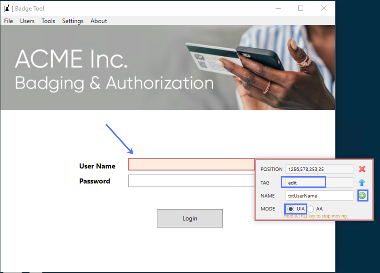The Badge Tool application shows Capture element dialog that captures the username field in UIA mode. This field can be added as an element using the Add element button.