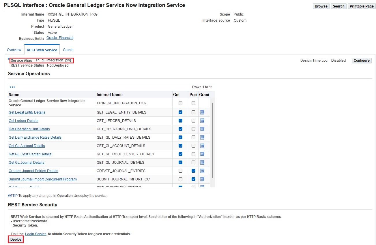 REST Web Service tab showing Service Alias field with xxsn_gl_integration_pkg entered, all service operations listed with GET and POST checkboxes, and the Deploy button.