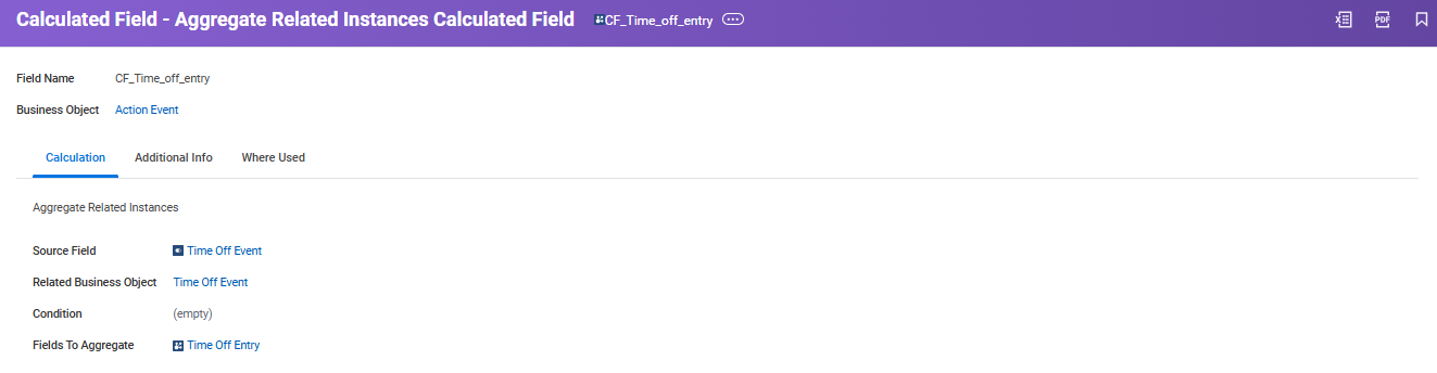 Calculated field configuration for CF_Time_off_entry showing aggregate related instances with Time Off Event source and Time Off Entry aggregation.