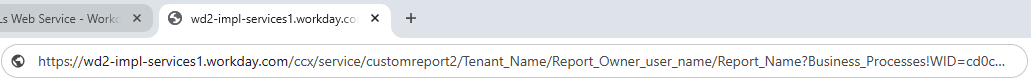 Browser tab with generated RaaS URL for leave of absence event report, showing Workday tenant base URL and report parameters.