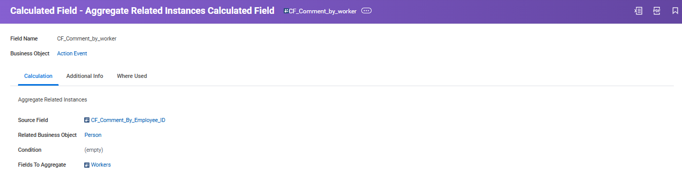 Calculated field configuration for CF_Comment_by_worker showing aggregate related instances with Person business object and Workers aggregation field.