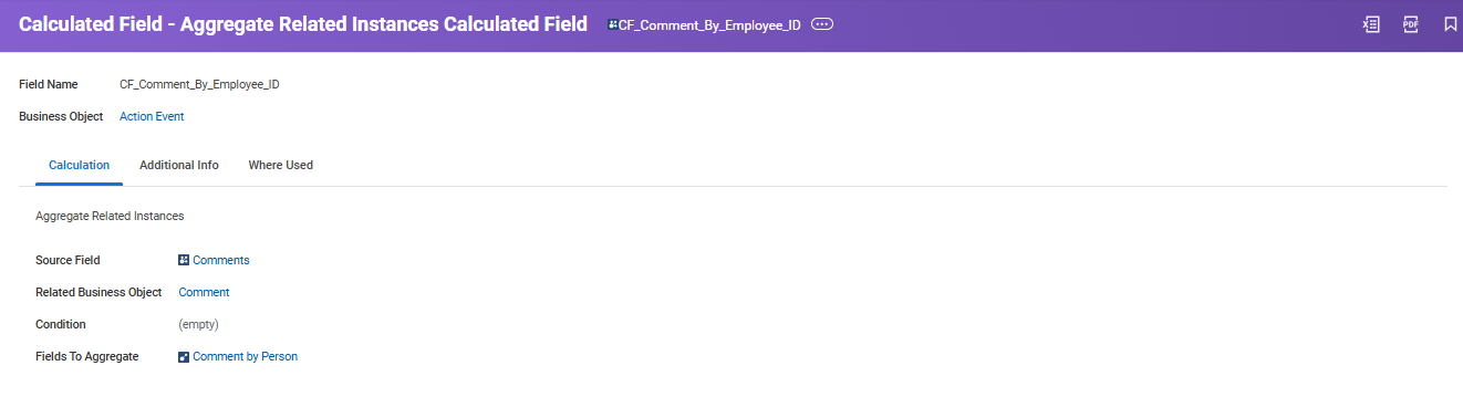 Calculated field configuration for CF_Comment_By_Employee_ID showing aggregate related instances with Comments source field and Comment by Person aggregation.