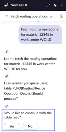 Now Assist panel with information about the table and a confirmation option.