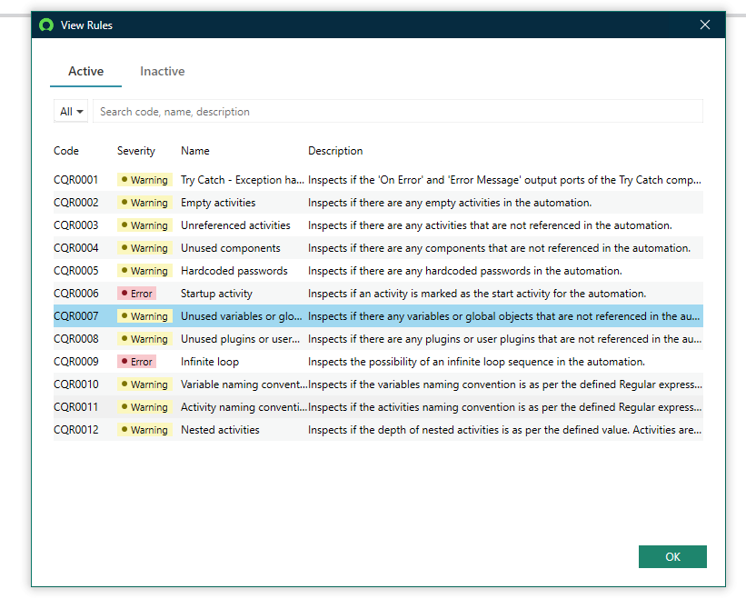 View Rules window for code quality check.