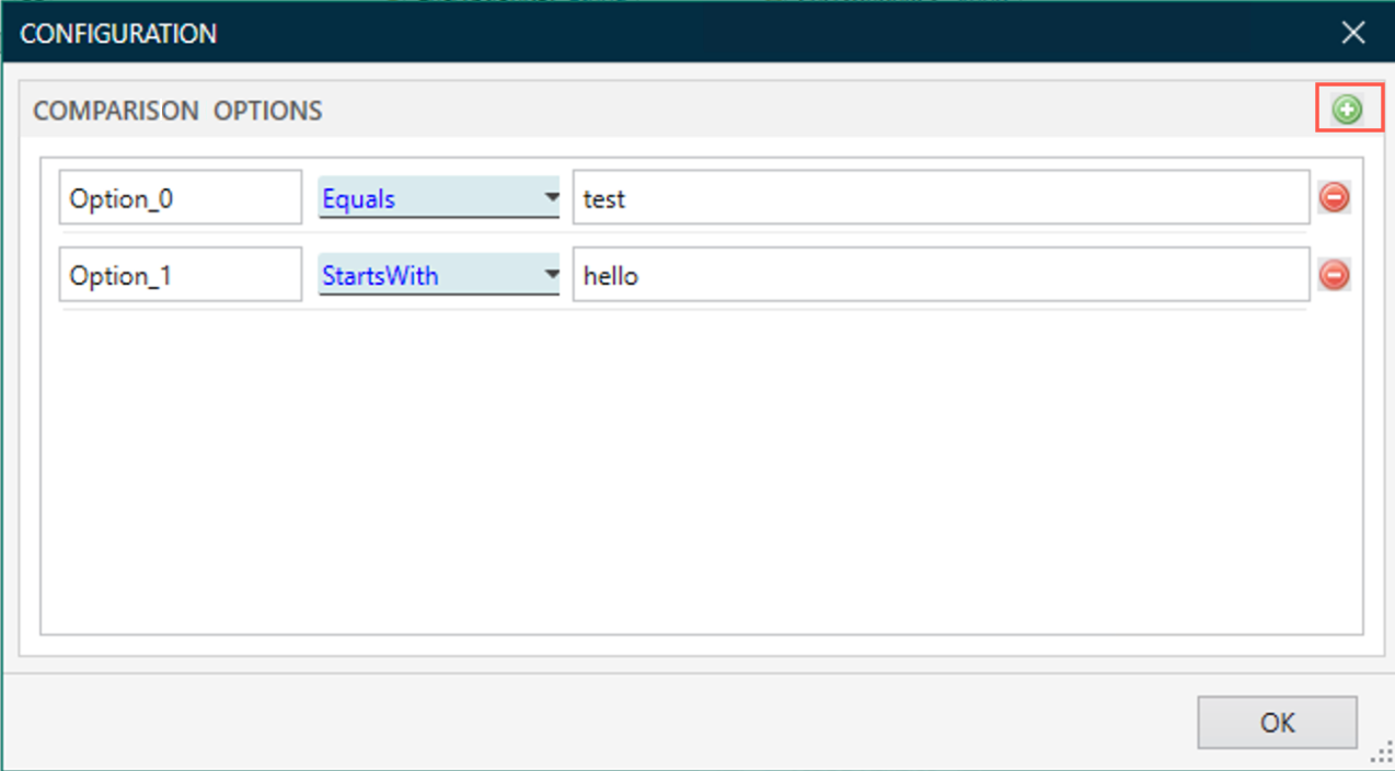 Comparison options selected in the configuration window.