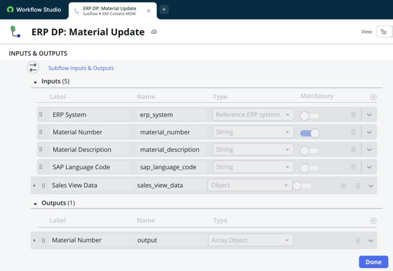 ERP DP material update subflow inputs and outputs displayed.