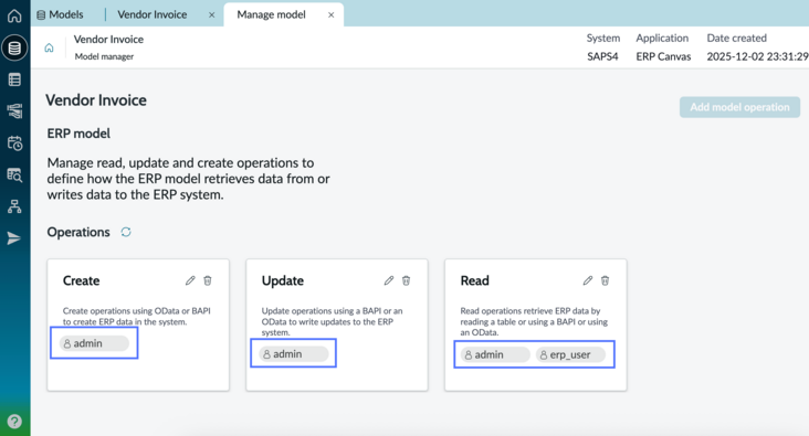 Manage model page with create, read, and update operations that have user or group roles assigned for security.