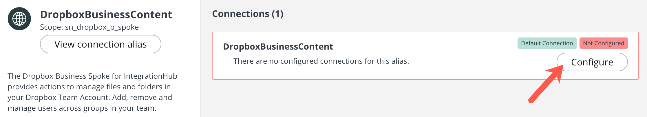 Configure button for Dropbox Business Content alias.