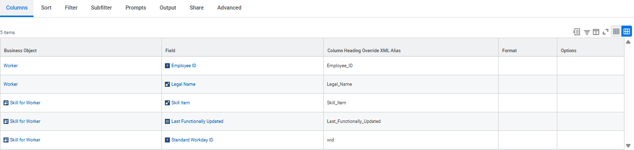 Columns tab with Worker and Skill for Worker basic fields