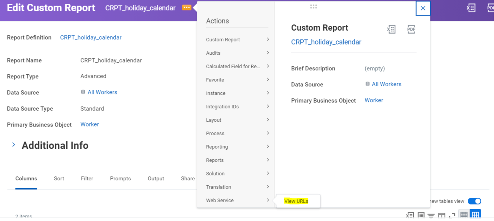 Holiday calendar report.