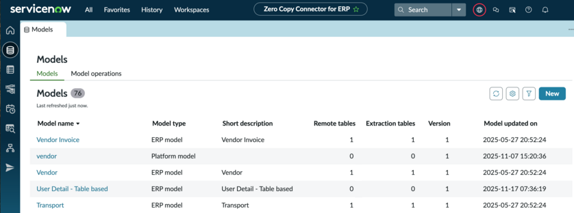 Zero copy connector for ERP models tab displaying a list of several models.