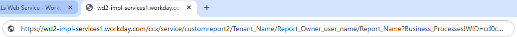 Browser address bar showing Workday custom report web service URL for RPT_time_off_event_report with Business_Processes parameter.