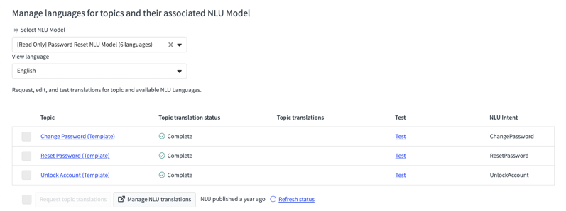 주제 번역 상태, 번역, 테스트 및 NLU 의도와 함께 주제 및 관련 NLU 모델을 표시하는 언어 관리 페이지입니다.