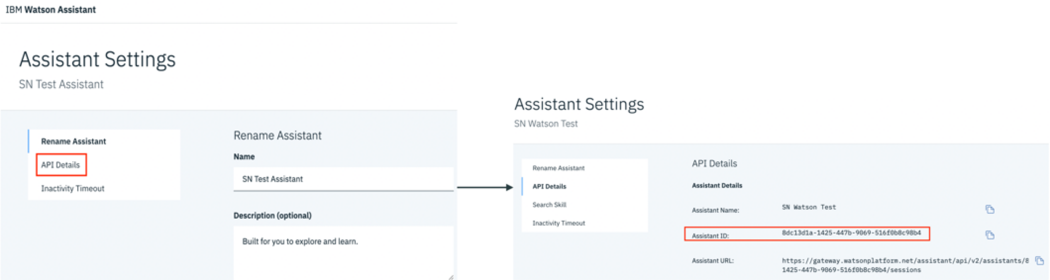 IBM Watson Assistant 사용할 대화 기술에 대한 설정입니다. API 상세 정보 및 도우미 ID가 여기에 강조 표시됩니다.