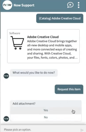 사용자가 카탈로그에서 Creative Cloud를 선택했습니다 Adobe . 가상 에이전트 "지금 무엇을 하시겠습니까?" 사용자가 "이 항목 요청"이라고 응답합니다.
