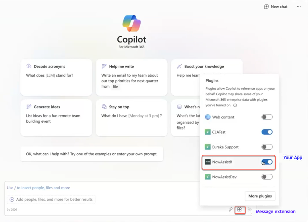 Microsoft Copilot 메시지 확장 지원 앱을 표시합니다.