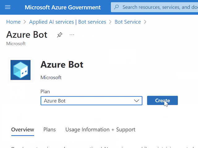 메뉴에서 선택한 Azure Bot 계획을 보여주는 Microsoft Azure Bot 포털.