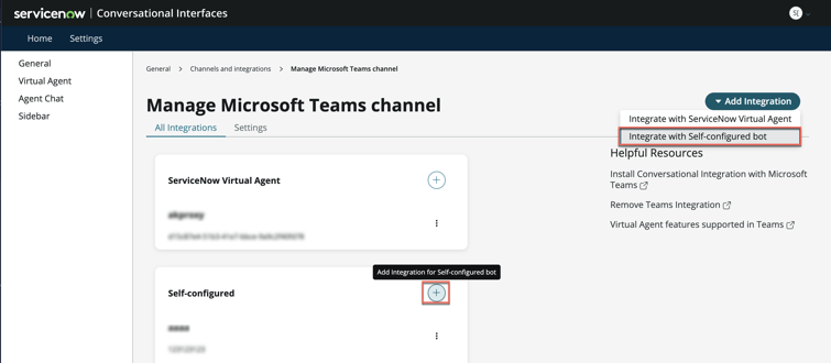 대화형 인터페이스 일반 설정에서 Microsoft Teams 채널을 관리합니다. 통합 추가 드롭다운의 자체 구성된 봇에 대한 통합 추가 버튼과 자체 구성된 봇과 통합 옵션이 강조 표시됩니다.
