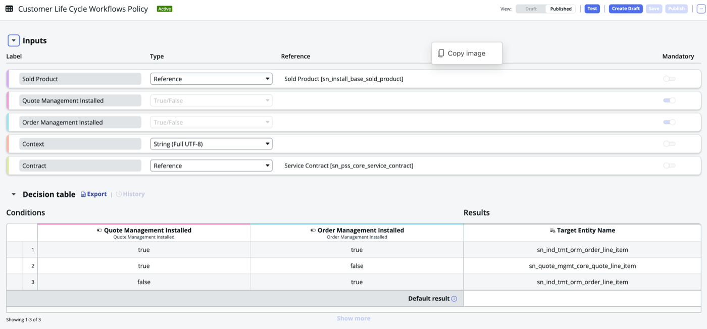 Richtlinienentscheidungstabelle für Kundenlebenszyklus-Workflows.