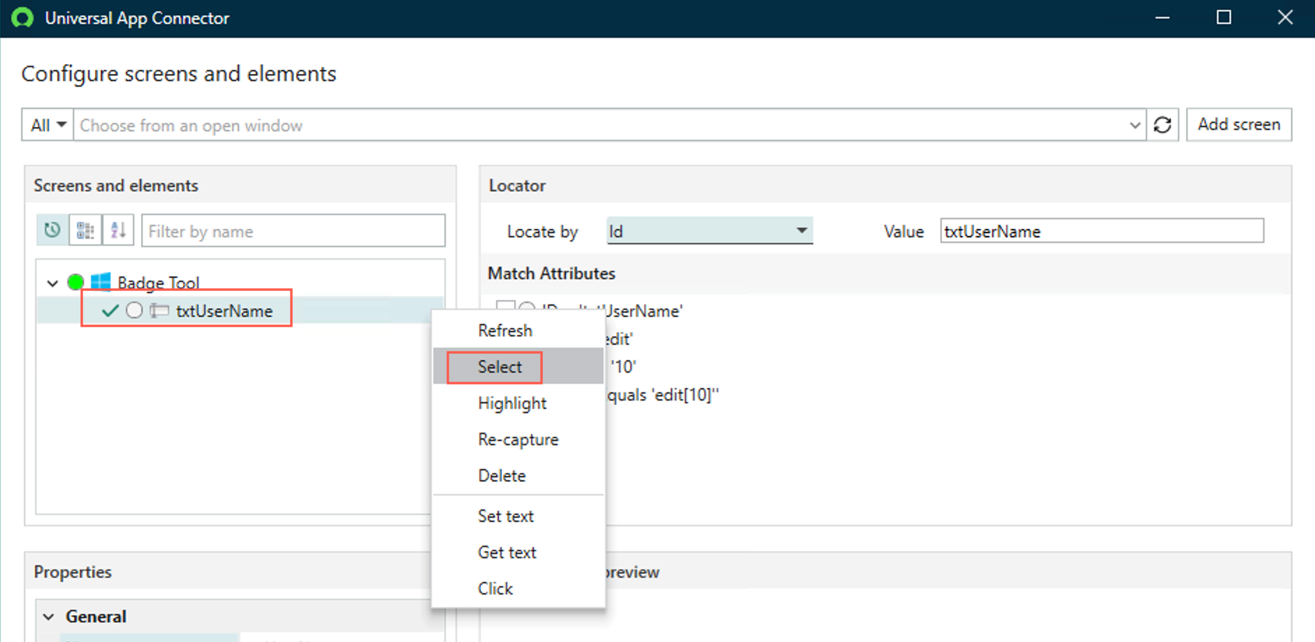 Janela Configurar telas e elementos exibindo a opção Selecionar em um nível de elemento.