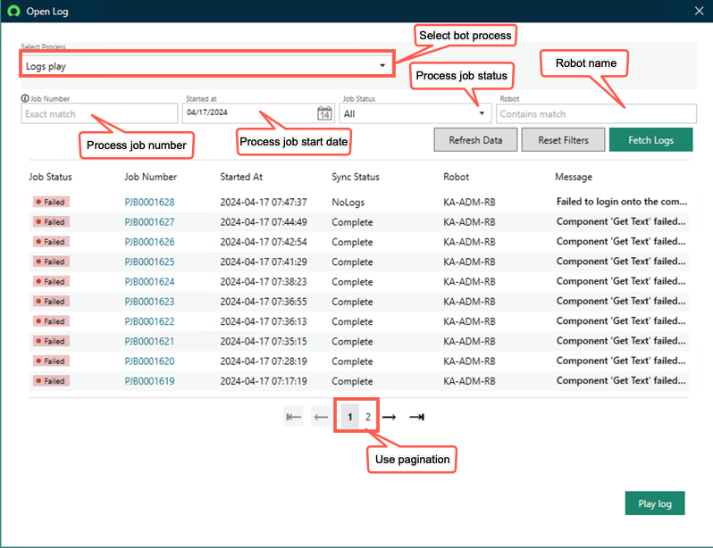 Abra a janela Log para buscar logs remotos.