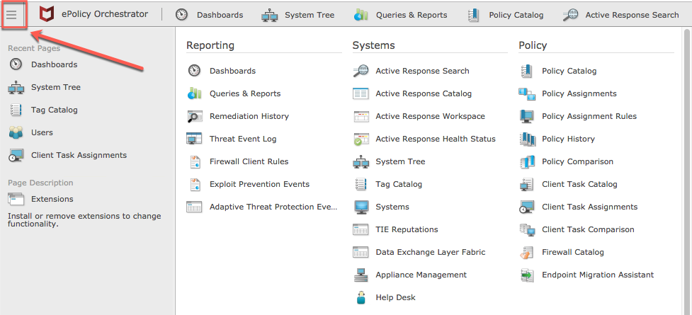 Icône de menu McAfee dans McAfee ePO.