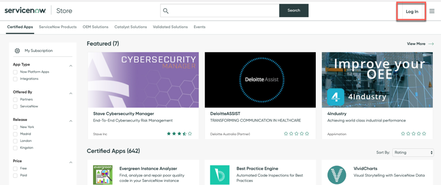 Page de destination de ServiceNow Store.