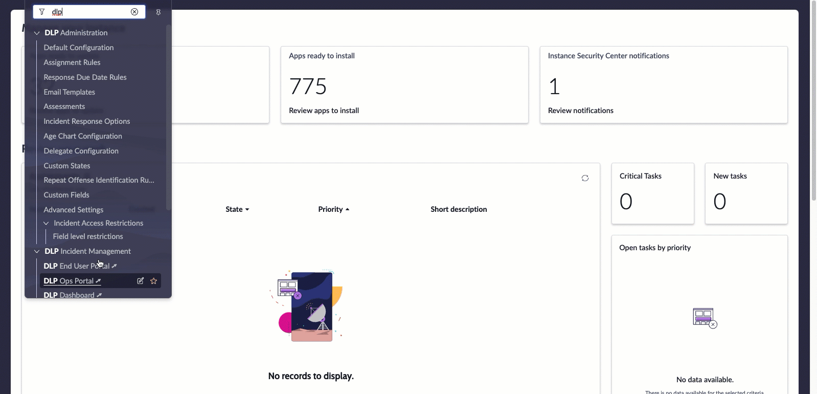 Page Vue d’ensemble de l’espace de travail DLP.