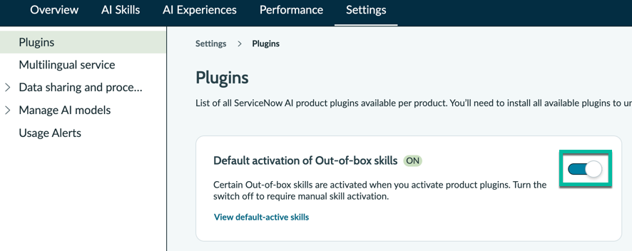 Settings > Plugins page showing the Default activation of out-of-the-box skills switch.