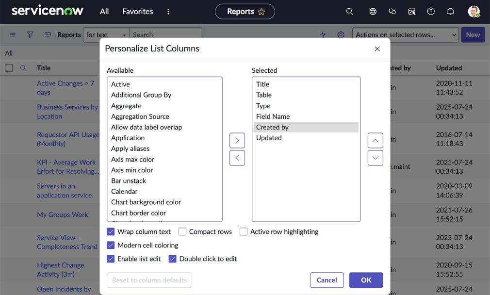 How to add the Created by column to a list of report visualizations