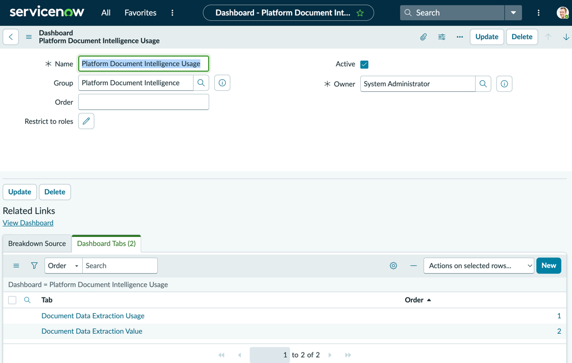 Dashboard admin form with both Related Links outlined in red