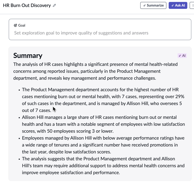 Summary of exploration of mental health-related HR cases, exposing Product Management as an area of special concern.